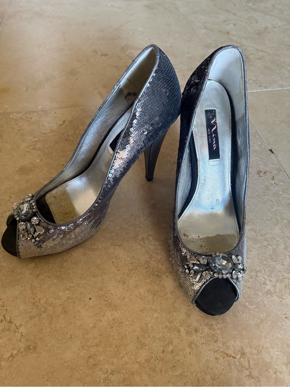 Nina- New York Sequin Pointed High Heel Pumps in Silver-5” heel-Size US 11, EU-4